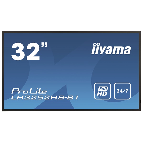 iiyama Prolite 24/7 IPS LFD 31.5" LH3252HS-B1, 1920x1080, 16:9, 400cd/m2, 8ms, DVI/VGA/HDMI/DP/USB, fekete, pivot