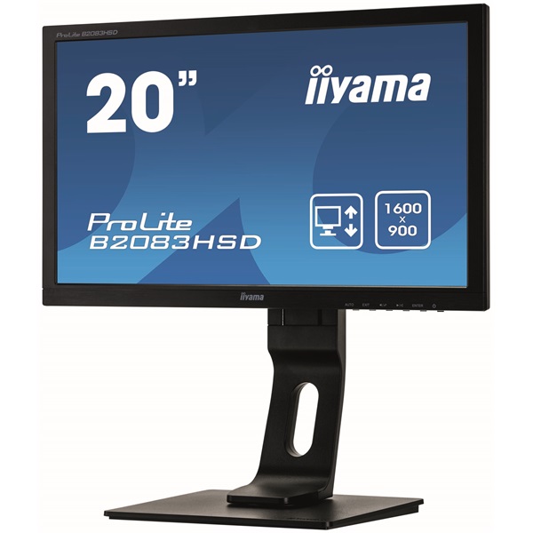 iiyama Prolite monitor, TN, 19,5", 1600x900, 16:9, 250cd, 5ms, DVI/VGA, Hangszóró, fekete,pivot,állítható mag., dönthető